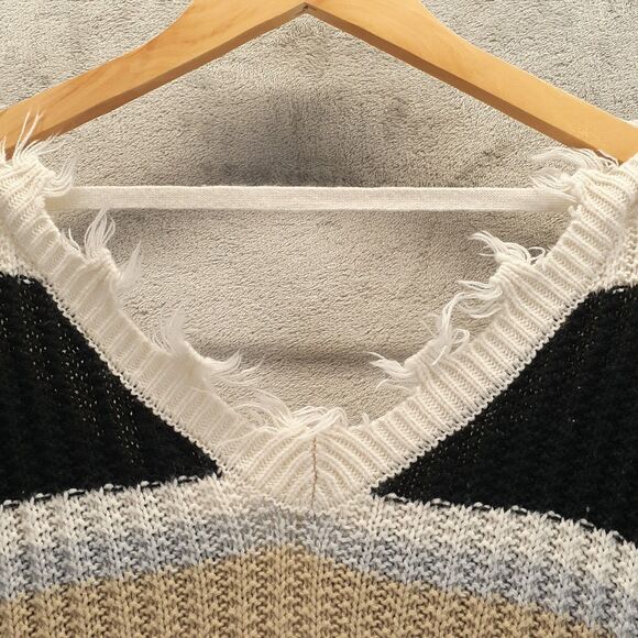 Rue 21 Sweater Women Sz M Black Brown Striped Distressed Hem V-Neck Oversized - Picture 9 of 10